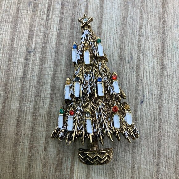 ART Vintage Gold Tone Holiday Christmas Tree Brooch Pin - Picture 1 of 7